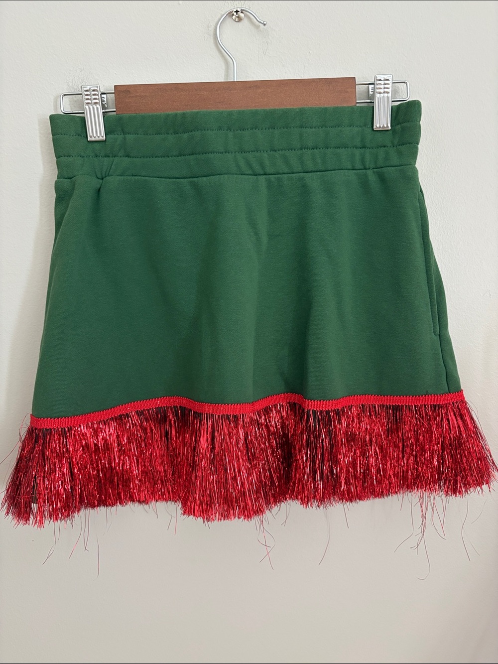 Brianna Cannon Festive Green Mini Skirt/Skort with Red Fringe Trim